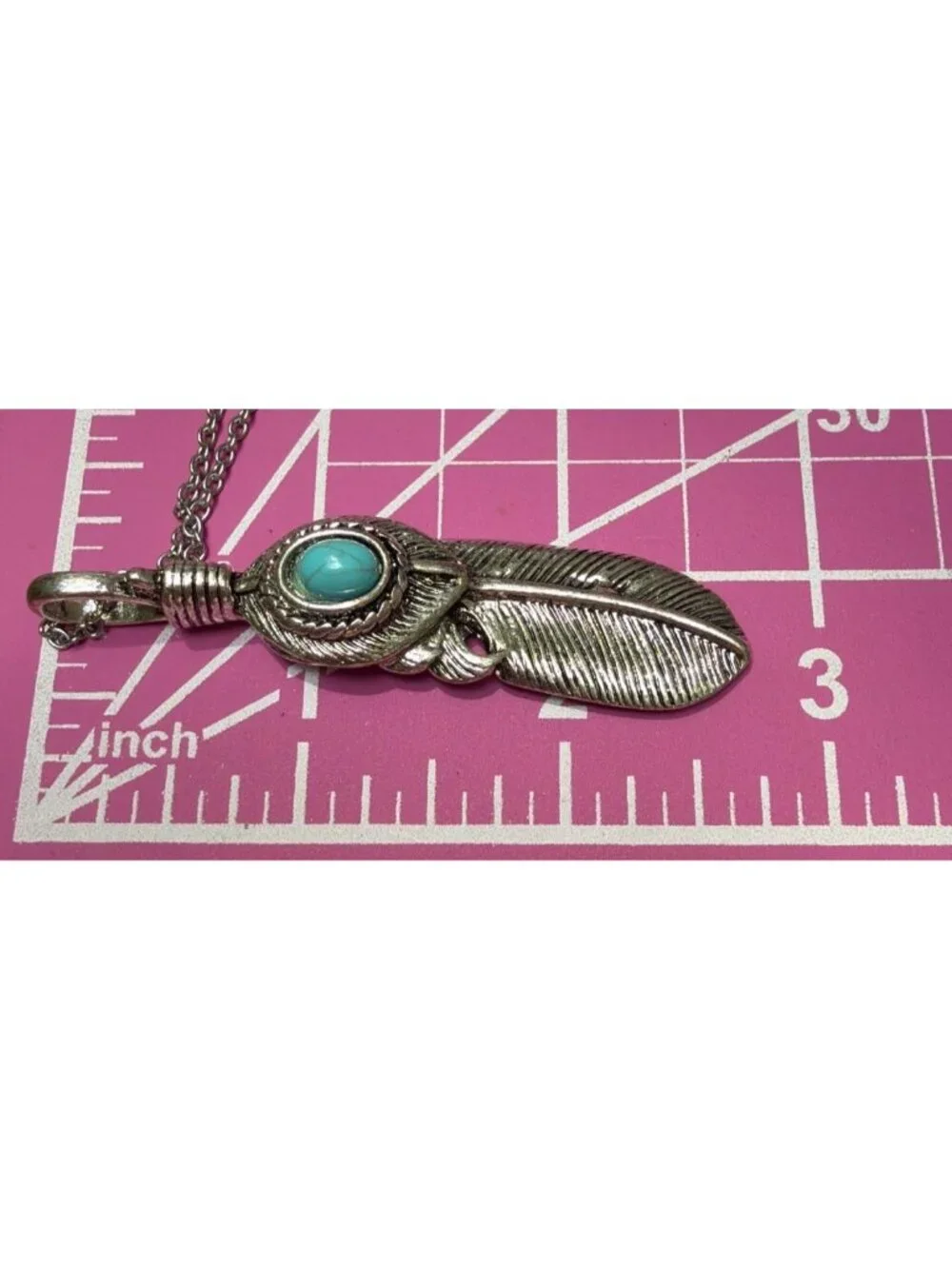 Stainless Steel Feather Pendant Necklace Faux Turquoise Cabochon Biker 35.5
